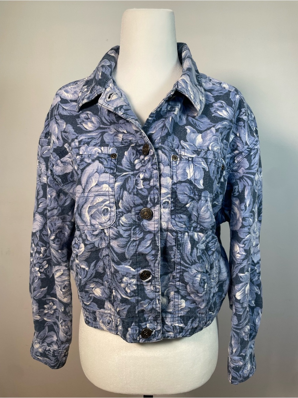 Floral Print Blue Denim Jacket Button Up Vintage